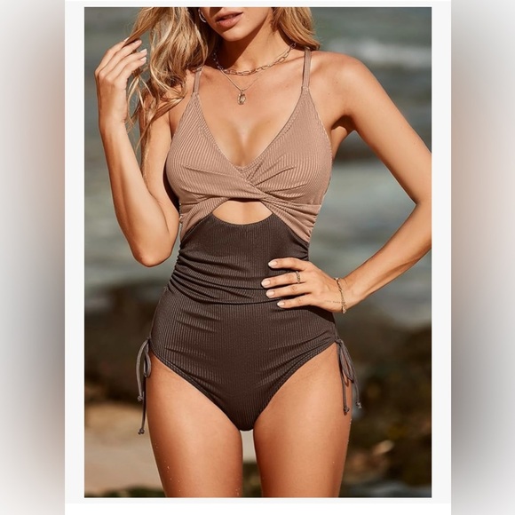 NEW- Two-Tone Swimsuit 
Cutout Tie Back Detail - Picture 1 of 8